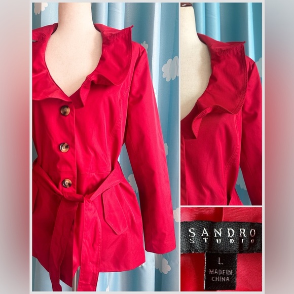Sandro Studio red ruffle trench coat-L - Picture 2 of 7
